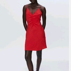 Zara Silky Soft Red Spaghetti Strap Ruched Front Lightweight Dress Sz Large